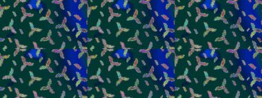 Raster illüstrasyonu. Renkli arka planda izole tatlı kar taneleri. Güzel kar tanesi. Soyut kış mavisi, yeşil ve menekşe süsü. Yuvarlak raster kar tanesi.