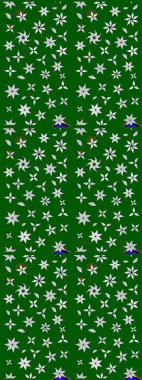 Varicologreen Raster çizimi. Bir sürü yeşil ve soyut çiçekli tropik eskiz deseni. Küçük çiçekte sevimli çiçek deseni var..