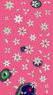 Şirin çiçekli eskiz deseni ve pembe renkli yapraklar, suluboya çiçek deseni, duvar kağıdı, kart veya kumaş için fayanslı. Raster illüstrasyonu.