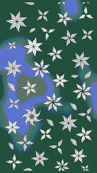 Raster Floral Illustration, Asyalı tekstil. Yeşil renkli etnik çiçeklerle zarif eskiz deseni.