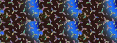 Noel kahvesi, mavi ve yeşiller. Raster illüstrasyonu. Sihirli kahverengi, mavi ve yeşil tatil soyut arka plan yıldız ve düşen kar taneleri.