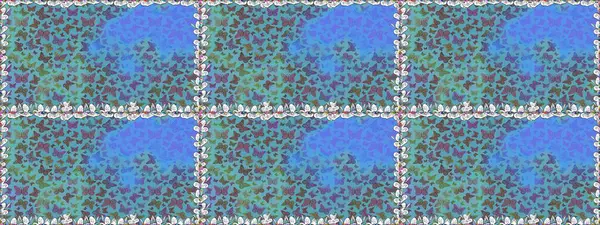 Raster illüstrasyonu. Mavi ve kahverengi renkli resimler. Kusursuz renksiz desen. Fantezi güzel illüstrasyon. Kitap sayfaları için çiçek ormanlarında uçan güzel kelebekler..