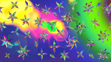 Çiçek ve yapraklı karalama şeklinde Raster çiçek deseni. Raster illüstrasyonu. Yumuşak, yeşil renkte bahar çiçekleri.