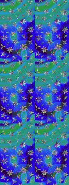 Çiçekli ipek eşarp. El çizimi çiçek unsurları olan soyut çizim raster deseni. 1950-1960 motifleri. Retro tekstil tasarım koleksiyonu. Mavi maviye.