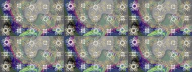 Skeç raster arka planı. Gri, yeşil ve nötr renkler üzerine grafiksel çizim deseni. Çiçek desenli çizim. Duvar kâğıdı barok, İspanyol kumaşı.