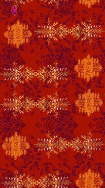 Hediye ambalaj kağıdı, tebrik kartları, posterler ve pankart tasarımı. Raster düz çiçek çizim deseni. Kırmızı, turuncu ve mor renkte çiçekler.