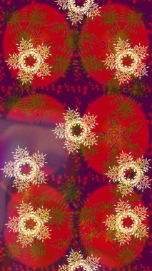 Raster illüstrasyonu. Noel ve yeni yıl moda baskıları için tatil tasarımı. Kar tanelerinin soyut arkaplanlı Noel şablonu. Kırmızı, mor ve kahverengi renkler.