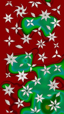 Çiçek desenli çizim. Asya tekstil tarzında. Kırmızı renkte çiçekler. Raster illüstrasyonu. Raster illüstrasyonu.