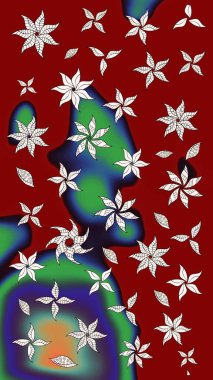 Ağaç dallı bahar çiçekleri, çiçek siluetiyle kırmızı renkte desen. Raster deseni.