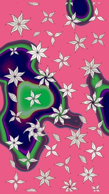 Parlak renkli çiçekleri ve pembe renkli yaprakları olan harika bir çiçek deseni. Moda baskıları için zarif bir şablon. Modern çiçek arkaplanı. Halk stili.