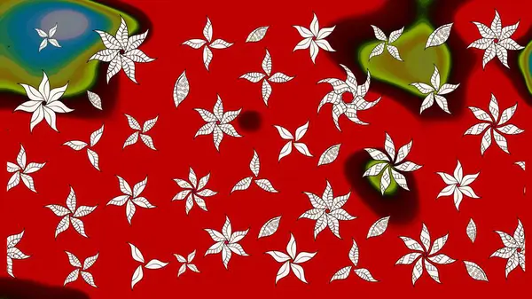 Şirin çiçekli eskiz deseni ve kırmızı renklerde yapraklar, suluboya çiçek deseni, duvar kağıdı, kart veya kumaş için fayanslı. Raster illüstrasyonu.