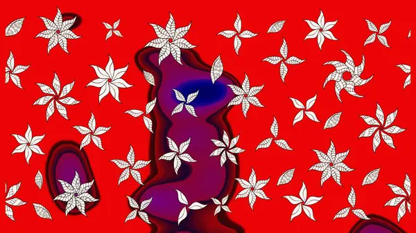 Ağaç dallı bahar çiçekleri, çiçek siluetiyle kırmızı renkte desen. Raster deseni.