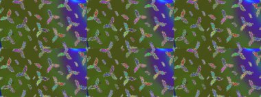 Raster illüstrasyonu. Noel ve yeni yıl moda baskıları için tatil tasarımı. Yeşil, mavi ve mor renkler. Kar tanelerinin soyut arkaplanlı Noel deseni.