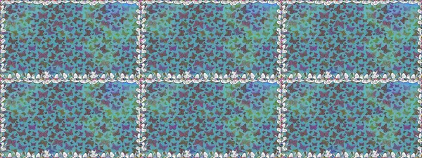 Mavi soyut suluboya kelebeklerle bezenmiş şeffaf bir arkaplan deseni. Sonsuz. Raster illüstrasyonu. Yazdırmayı tekrarla.