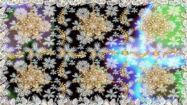 Raster illüstrasyonu. Dekoratif simetri arabesk. Doğum günü kartı, davetiye ya da afiş için iyidir. Tarafsız renklerde altın. Kusursuz ortaçağ çiçek desenleri..