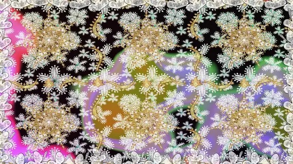 Barok tarzında altın çiçekli süs. Antika altın tekrarlanabilir duvar kağıdı. Damask pürüzsüz yineleme kalıbı. Tarafsız renklerde altın element.