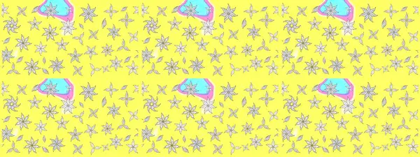 Oldukça eski bir besin torbası deseni, küçük sarı renkte, çiçekler. Millefleur 'lar. Tekstil, kumaş, kapaklar, duvar kağıtları, baskı, paket, koleksiyon defteri, örgü, dekupaj için çiçek arkaplanı..