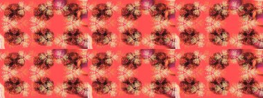 Raster illüstrasyonu. Kar tanelerinin soyut arkaplanlı Noel arkaplanı. Pembe, turuncu ve kahverengi kar taneleri. Güzel tasarım. Noel için tatil tasarımı, Yeni Yıl moda baskıları.