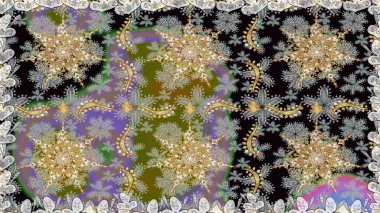 Kına dövmeli süs çiçekleri, altın çıkartmalar, mehndi ve yoga tasarımı, kartlar ve parmak izleri. Gri renkli desen. Raster altın mehndi kusursuz desen.