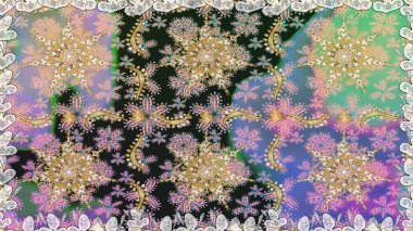 Raster illüstrasyonu. Kusursuz damaske klasik altın desen. Tekrarlayan elementlerle soyut arkaplan oluşturun. Tarafsız renklerde altın desenli altın elementler.