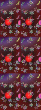 Kar tanelerinin soyut arkaplanlı Noel şablonu. Raster illüstrasyonu. Renkler. Kahverengi, mor ve kırmızı kar taneleri. Noel ve Yeni Yıl moda baskıları için tatil tasarımı.