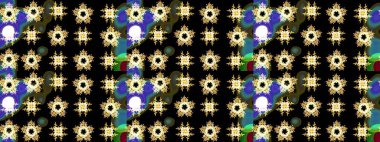 Yaprak ve çiçeklerin suluboya resimleri, siyah renklerde çizimler. Yumuşak, bahar çiçekleri siyah renklerde. Raster illüstrasyonu.