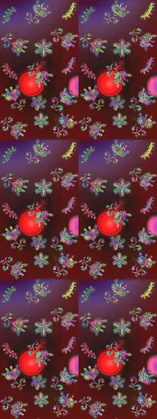 Kar tanelerinin soyut arkaplanlı Noel şablonu. Raster illüstrasyonu. Renkler. Kahverengi, mor ve kırmızı kar taneleri. Noel ve Yeni Yıl moda baskıları için tatil tasarımı.