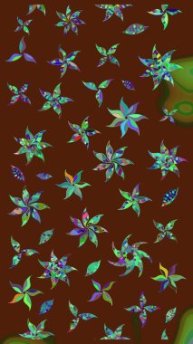 Eskiz arkaplan modeli. Raster - stok. Yapraklı çiçekler ve kahverengi renkli papatya çiçekleri..