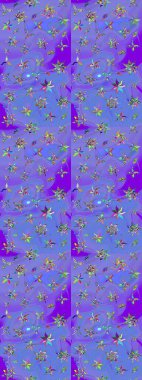 Violet menekşe üzerinde. Çiçekli ipek eşarp. Retro tekstil tasarım koleksiyonu. 1950-1960 motifleri. El çizimi çiçek elementleri ile soyut çizim raster deseni.