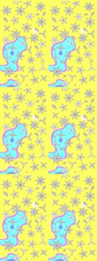 Sarı renkli Asya tekstili. Raster illüstrasyonu. Suluboya çiçekli çiçek deseni.