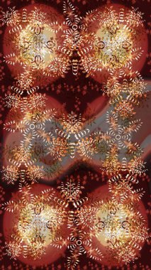 Kahverengi, kırmızı ve bej kar taneleri. Kar tanelerinin soyut arkaplanlı Noel şablonu. Raster illüstrasyonu. Noel ve Yeni Yıl moda baskıları için tatil tasarımı.