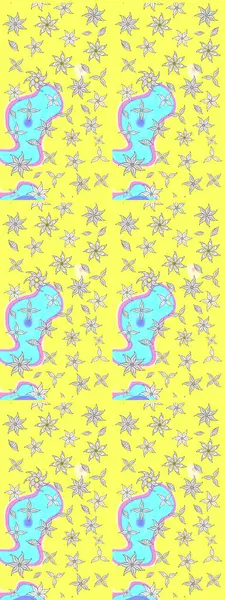 Sarı renkli Asya tekstili. Raster illüstrasyonu. Suluboya çiçekli çiçek deseni.