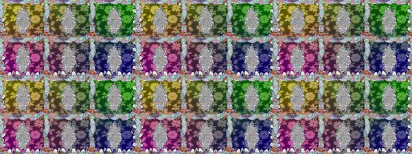 Tekstil için dikişsiz suluboya desen. Elle çizilmiş çiçek deseni (fayans). Sevimli çiçekleri, desenleri, yeşil renkleri olan renksiz desenler..