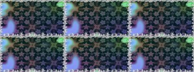 Kusursuz bir geçmişi var. Kumaş, tekstil, duvar kağıdı baskısı için. Raster illüstrasyonu. Renkli desenli, mavi çiçekli ve dekoratif elementli kusursuz desen. Antika retro tarzı.