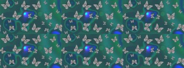 Kıyafetler, erkekler, kızlar ve duvar kağıtları için soyut çizim kalıbı. Boyama kitabı için uçan farklı güzel kelebekler. Raster illüstrasyonu. Böcekli çizim kalıbı arkaplanı.