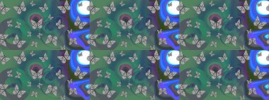 Elle çizilmiş kelebeklerle. Dekoratif Raster çizimi. Yeşil renklerin soyut arkaplanı. Renkli romantik kelebekler eskiz kalıbı arka planı.