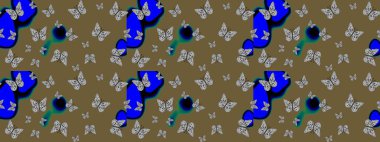 Raster çiçek desenli kelebek deseni. Kahverengi renkli illüstrasyon. Kağıt, kumaş ve ambalaj için uygun.