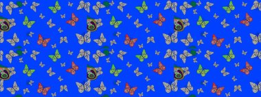 Raster illüstrasyonu. Dekoratif el çizimi kelebekler. Mavi renkli resim. Güzel kumaş tasarımı..