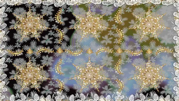 Gri renklerdeki altın element. Davetiyeler, kartlar, web sayfası için Raster illüstrasyon. Doğu tarzı element. Çizgi sanatı tasarım şablonu için kusursuz sınır. Altın çizgili çiçek dekoru.