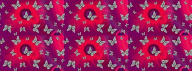 Kelebek gölgeleri ve siluetler. Bahar ve yaz tropikal kelebek çizimi deseni mor renklerde. Raster illüstrasyonu. Kumaş, kağıt, ambalaj için uygun.