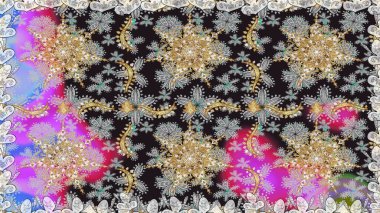 Altın karalama fantezi yapraklarından ve gri renkli çiçeklerden Raster soyut çiçek çelengi. El yapımı dekoratif çerçeve, albüm kapağı, tebrik kartı, klasik Art deco tarzı.