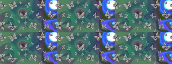 Elle çizilmiş kelebeklerle. Dekoratif Raster çizimi. Yeşil renklerin soyut arkaplanı. Renkli romantik kelebekler eskiz kalıbı arka planı.