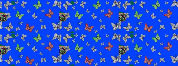 Raster illüstrasyonu. Dekoratif el çizimi kelebekler. Mavi renkli resim. Güzel kumaş tasarımı..