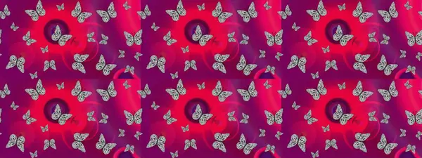 Kelebek gölgeleri ve siluetler. Bahar ve yaz tropikal kelebek çizimi deseni mor renklerde. Raster illüstrasyonu. Kumaş, kağıt, ambalaj için uygun.