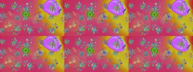 Süslü kumaş deseni. Renkli Bahar Teması eskiz kalıbı. Raster illüstrasyonundaki çiçek desenli çizim. Düz Çiçek Elementleri Tasarımı.