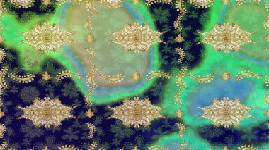 Yeşil renkte desen. Kına dövmeli süs çiçekleri, altın çıkartmalar, mehndi ve yoga tasarımı, kartlar ve parmak izleri. Raster Golden Mehndi eskiz kalıbı.