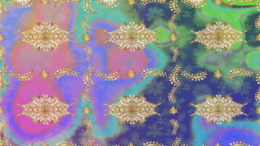 Mor renklerde çizim kalıbı. Doğu tarzı arabesk tarzında altın elementler. Raster Golden eskiz kalıbı. Altın desenli bukleler çiz.