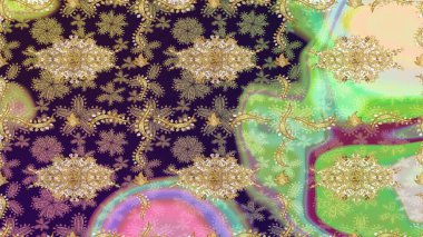 Kına dövmeli süs çiçekleri, altın çıkartmalar, mehndi ve yoga tasarımı, kartlar ve parmak izleri. Kahverengi renkte desen. Raster Golden Mehndi eskiz kalıbı.