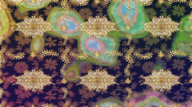 Doku arka planında altın duvar kâğıdı. Damask çizimi tekrarlanıyor. Barok tarzında altın çiçekli süs. Gri renklerdeki altın element.