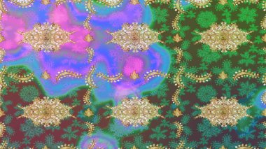 Çiçek desenli çizim. Duvar kâğıdı barok, İspanyol kumaşı. Yeşil renkler üzerine grafiksel modern çizim deseni. Çizim raster arkaplanı.